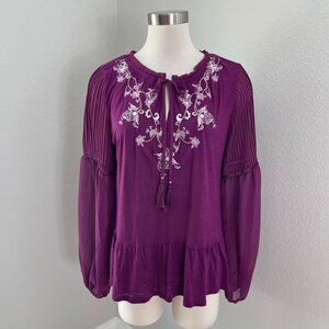 NEW White House Black Market Large Petite Purple Embroidered Peasant Top Shirt